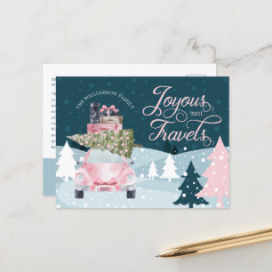 Joyels Travels Road Resa Rosa Retro Watercolor Car Helg Vykort