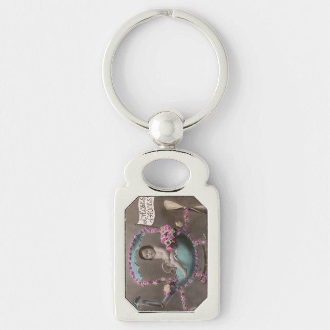 Joyeuse Paques Rektangulärt Silverfärgad Nyckelring (Framsidan)