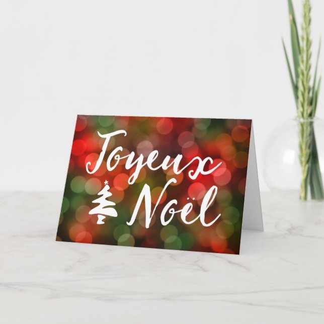 Joyeux Noël bokeh träd ljus Helgkort (Framsida)