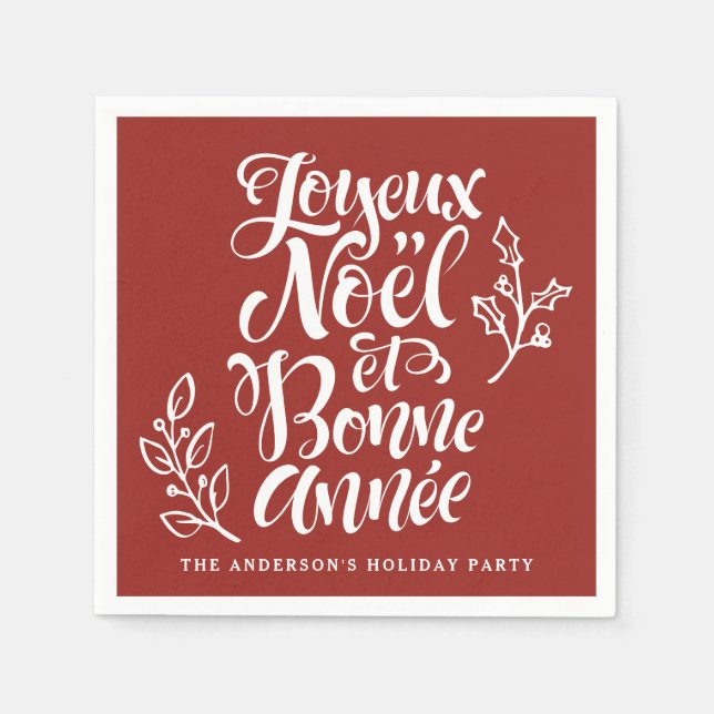 Joyeux Noël et Bonne Année Calligraphy Red Pappersservett (Framsidan)