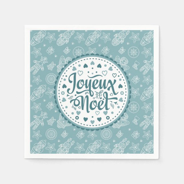Joyeux Noel fransk God jul blue white art Pappersservett (Framsidan)