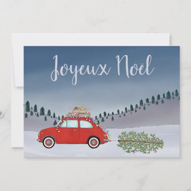 Joyeux noël Fransk Jul Red Fiat 500 Julkort (Framsida)