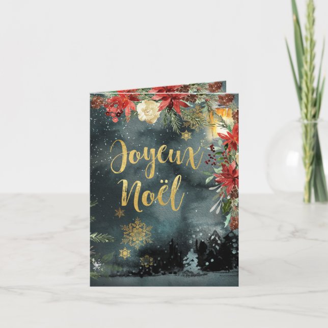 Joyeux Noel Guld Calligraphy Woodland Blommigt Hol Helgkort (Framsida)
