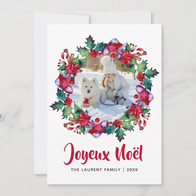 Joyeux Noël Helgdag Stocking Blommigt Wand Photo Julkort (Framsida)