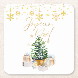 Joyeux Noel Julgran Guld Snöflingor Underlägg Papper Kvadrat