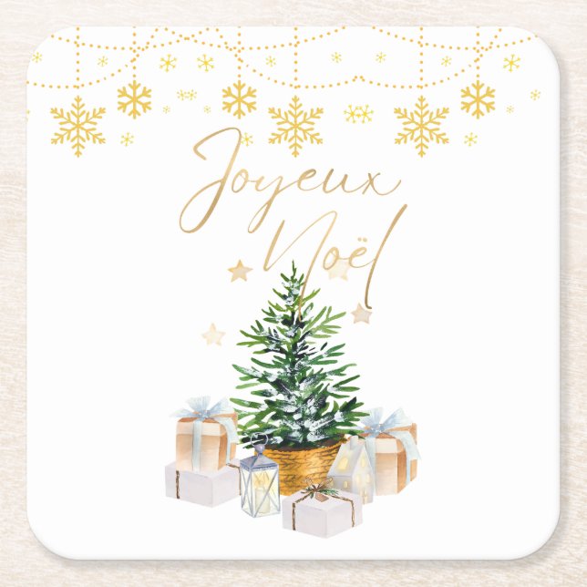 Joyeux Noel Julgran Guld Snöflingor Underlägg Papper Kvadrat (Framsidan)