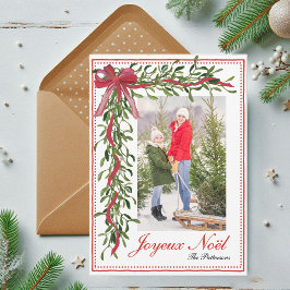 Joyeux Noël Mistletoe Red Bow Family Photo Julkort