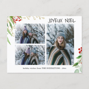 Joyeux Noel Modern Red Guld Berry Multifoto Helg Vykort