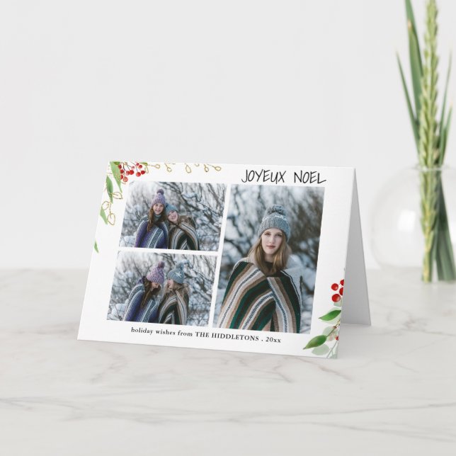 Joyeux Noel Modern Red Guld Berry | Multifoto Helgkort (Framsida)