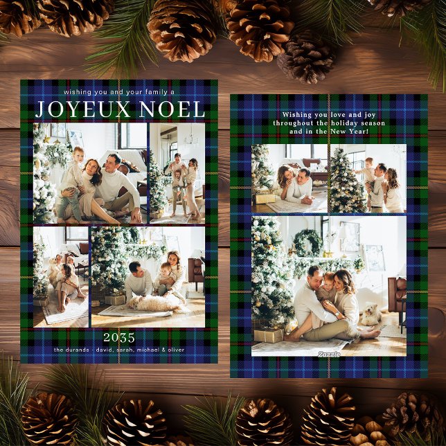 Joyeux Noel Multi Photo Green Plaid Holiday Card Julkort (Skapare uppladdad)