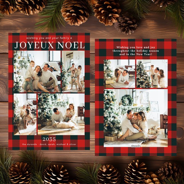 Joyeux Noel Multi Photo Red Buffalo Plaid Julkort (Skapare uppladdad)