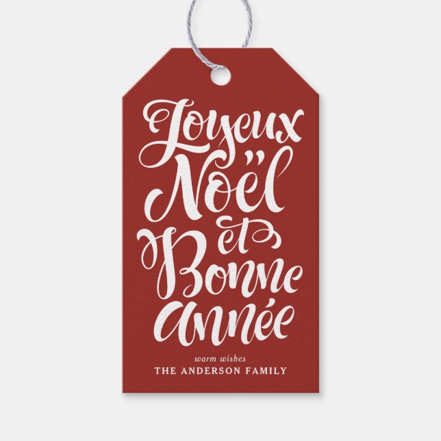 Joyeux Noël och Bonne Année Calligraphy Red Presentetikett (Framsidan)