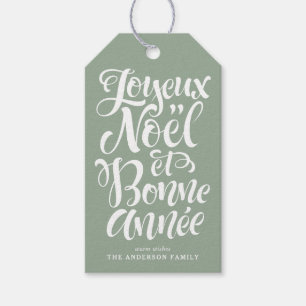 Joyeux Noël och Bonne Année Calligraphy Sage Grönt Presentetikett