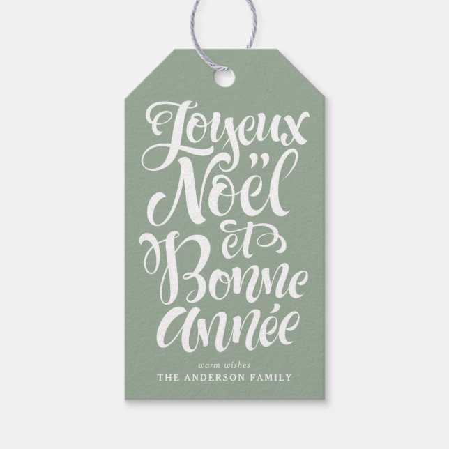 Joyeux Noël och Bonne Année Calligraphy Sage Grönt Presentetikett (Framsidan)