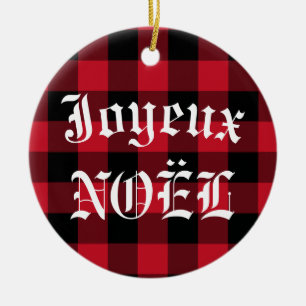 Joyeux Noël Red Black Buffalo Check Play Julgransprydnad Keramik