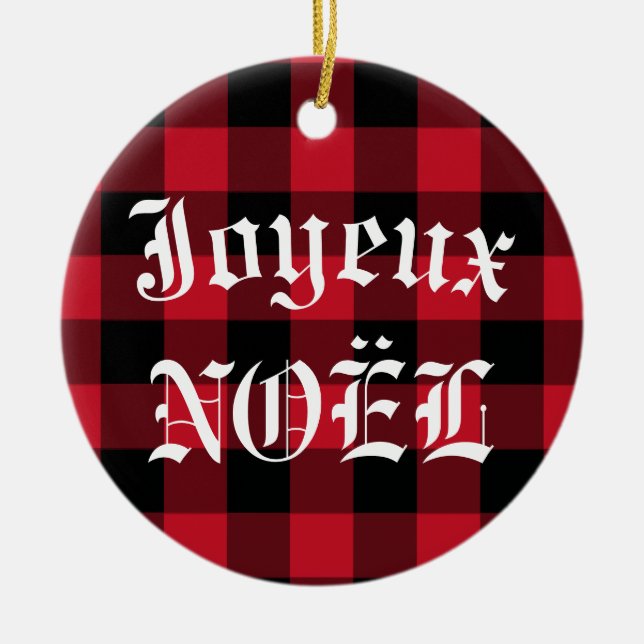 Joyeux Noël Red Black Buffalo Check Play Julgransprydnad Keramik (Framsidan)