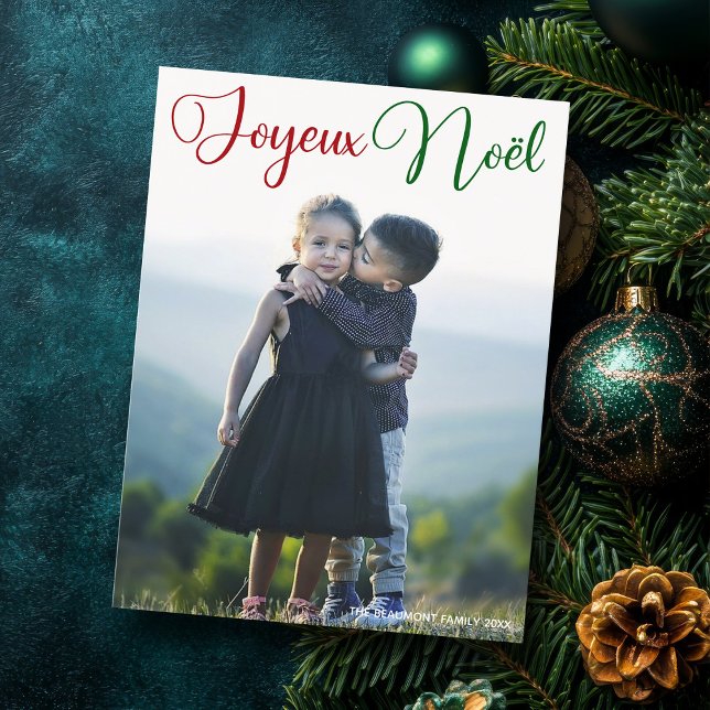 Joyeux Noël Red Grönt Script-familjfoto Helg Vykort (Skapare uppladdad)