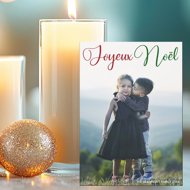 Joyeux Noël Red Grönt Script Photo Magnet Card (Skapare uppladdad)