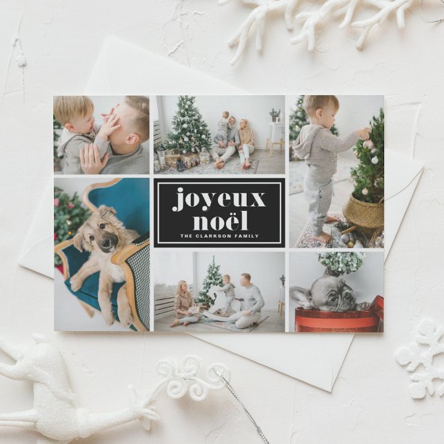 Joyeux Noël Retro Typography Black Photo Collage Helg Vykort (Customizable photo collage holiday postcard featuring joyeux noël in retro bold typography.)