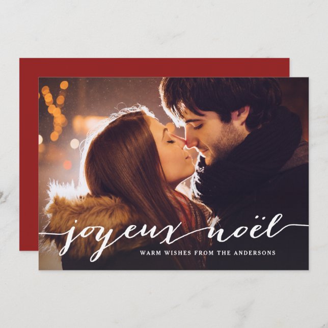 Joyeux Noël Rustic Script-julfoto Julkort (Fram/baksida)