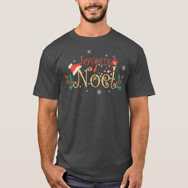 Joyeux Noel Santa Hat Coffee Tea Snöflingor T Shirt (Framsida)