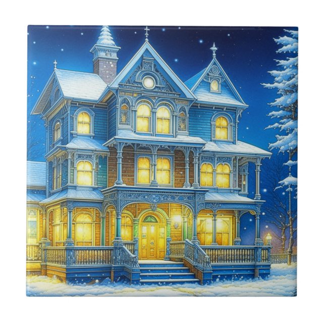 Joyeux Noël Söt Blue julhus Kakelplatta (Framsidan)