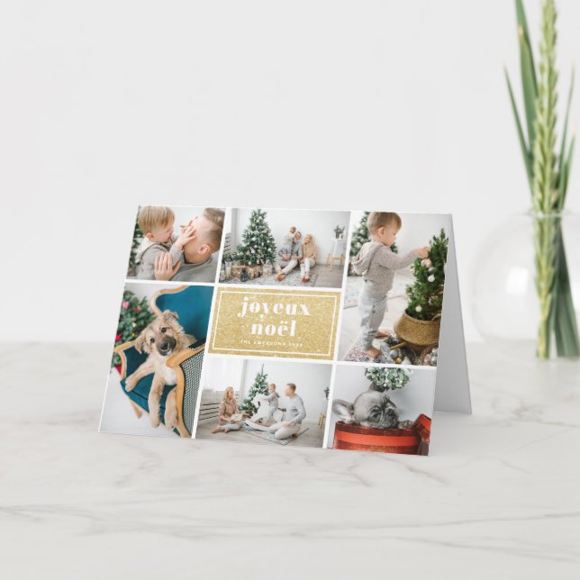 Joyeux Noël Typography Glitter Photo Collage Helgkort (Framsida)