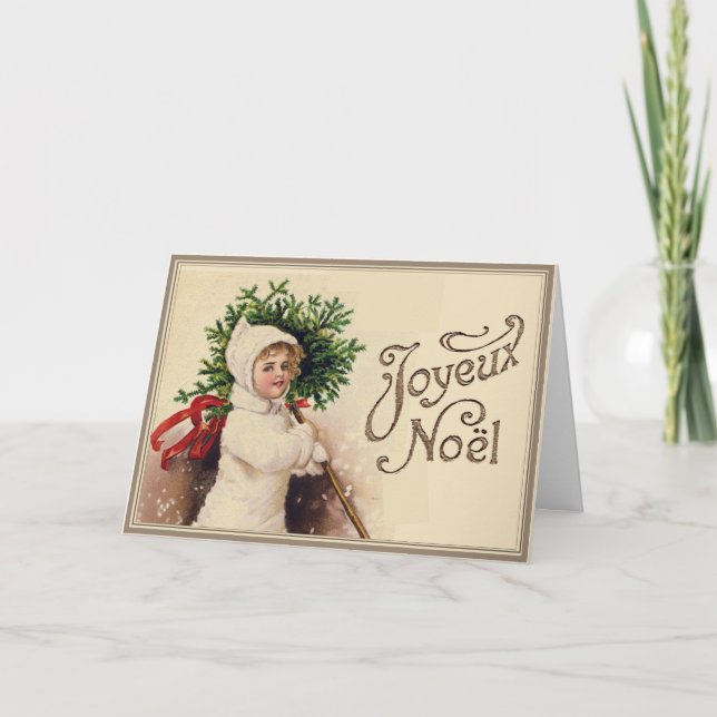 Joyeux Noel Vintage Fransk Julgran Girl Helgkort (Framsida)