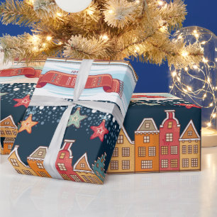 Joyeux Noel-vinternshus i byn snö mönster Presentpapper