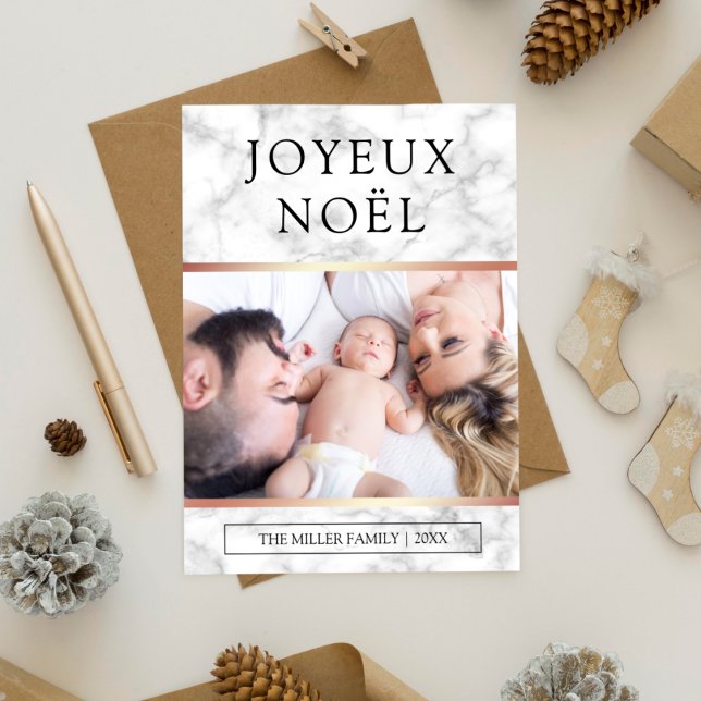 Joyeux Noël | Vitt marble Ro Gulffoto Julkort (Skapare uppladdad)