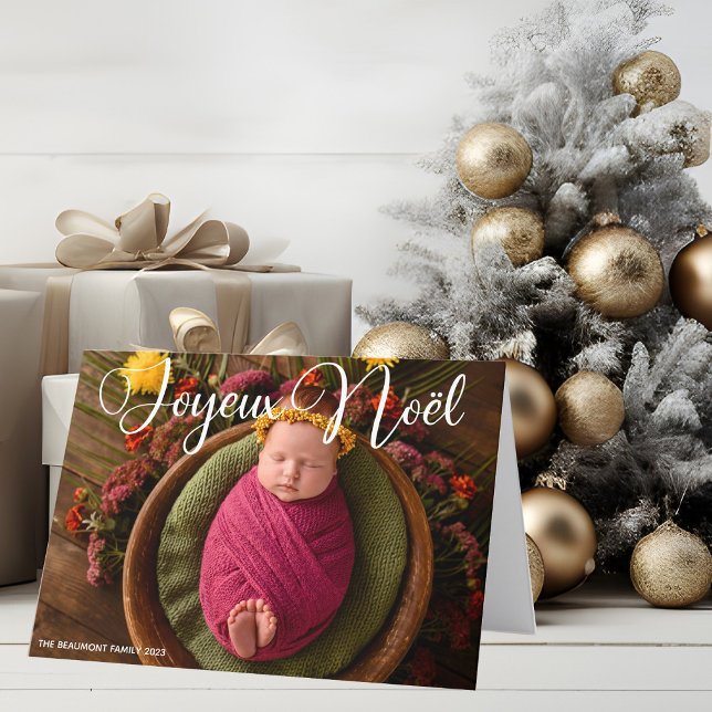 Joyeux Noël White Script Chic Photo Jul Helgkort (Skapare uppladdad)