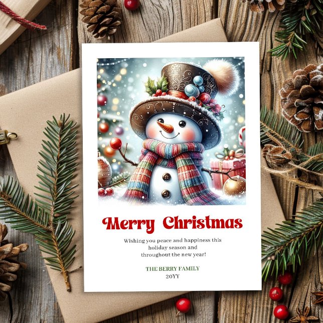 Joyful cartoon snowman festive red green gold kids julkort (Joyful cartoon snowman festive red green gold kids Holiday Card)