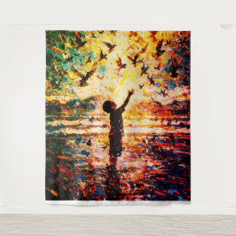 Joyful Child Playing with Birds Sunrise Water