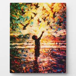 Joyful Child Playing with Birds Sunrise Water