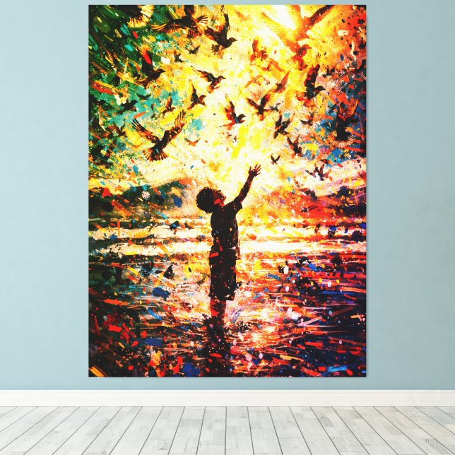 Joyful Child Playing with Birds Sunrise Water Canvastryck (Insitu (trägolv))