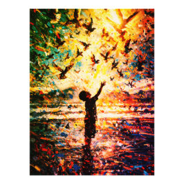 Joyful Child Playing with Birds Sunrise Water Fototryck