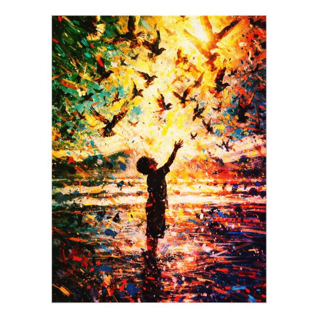 Joyful Child Playing with Birds Sunrise Water Fototryck (Framsidan)