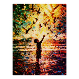 Joyful Child Playing with Birds Sunrise Water Perfect Poster