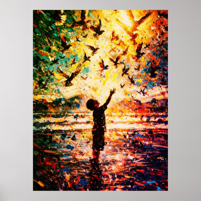 Joyful Child Playing with Birds Sunrise Water Poster (Framsidan)