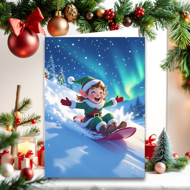 Joyful Christmas Elf Sledding Personalize Kort (Skapare uppladdad)