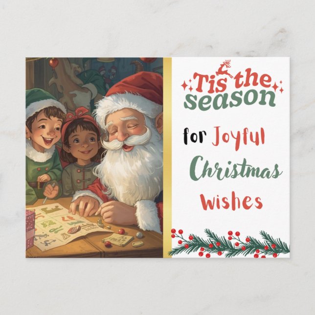 Joyful Christmas Wishes Santa and Elves Postcard Helg Vykort (Framsida)