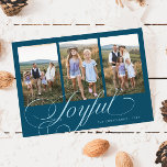 Joyful Elegant Script Teal Multi Photo Holiday Julkort<br><div class="desc">Minimal and modern holiday photo template card featuring 3 photos with a script text that says "joyful" at the bottom. You can also add another picture and message on the back. The background is teal.</div>