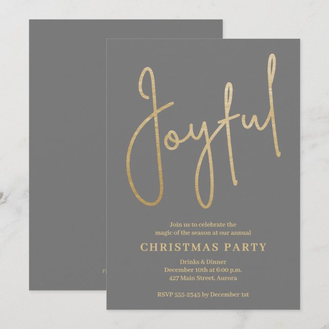 JOYFUL Gold Faux Foil on Green Christmas Party Inbjudningar (Fram/baksida)