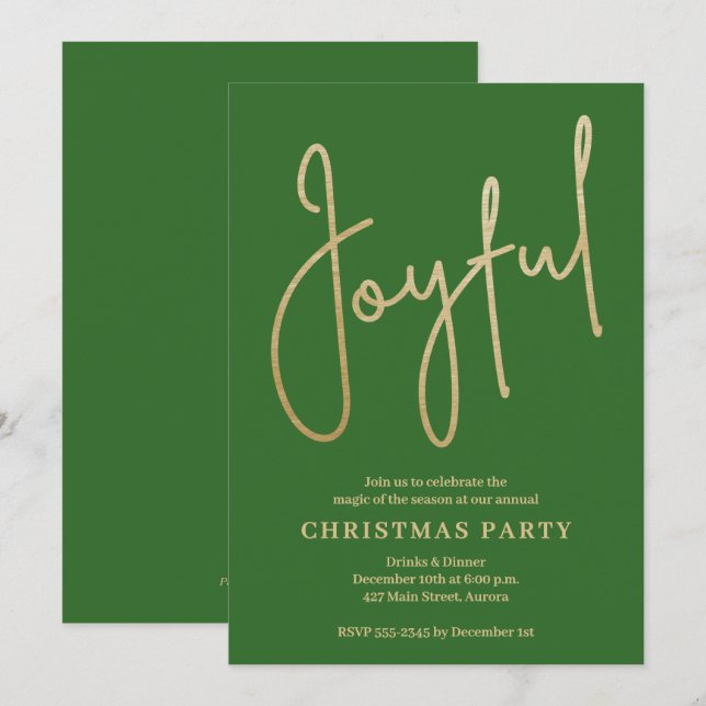 JOYFUL Gold Faux Foil on Green Christmas Party Inbjudningar (Fram/baksida)