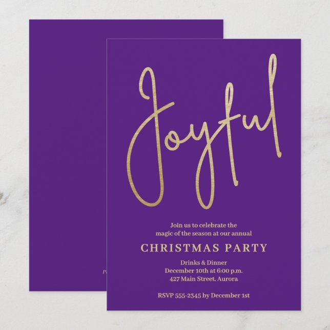 JOYFUL Gold Faux Foil on Purple Christmas Party Inbjudningar (Fram/baksida)