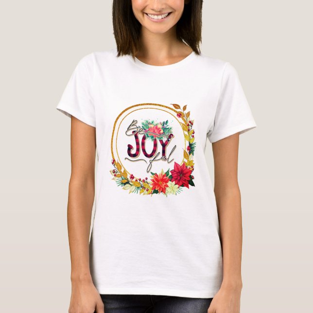 Joyful Holiday Floral and Plaid Christmas T Shirt (Framsida)