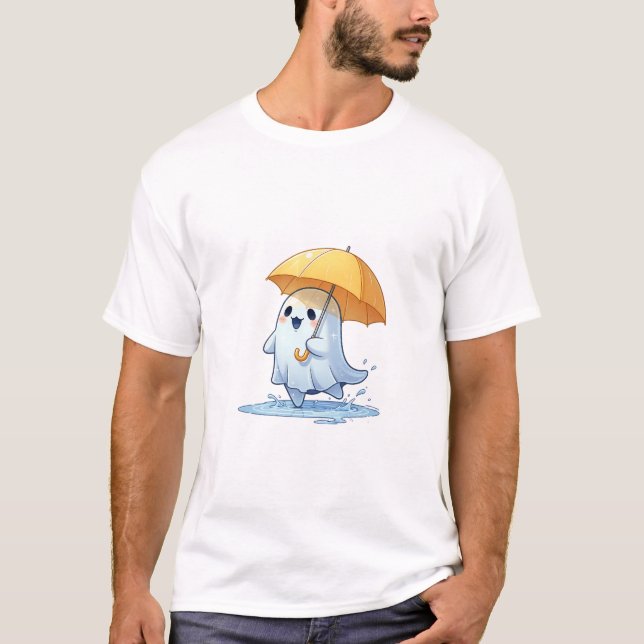 Joyful Kawaii Ghost Splashing in Puddles T Shirt (Framsida)