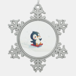 Joyful Kawaii Penguin Sledding Christmas Snöflinga Pewter Julgransprydnad