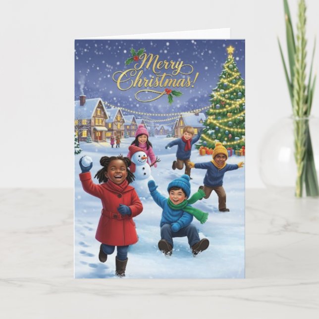Joyful Kids Playing in the Snow – Merry Christmas Kort (Framsida)