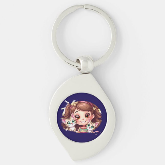 Joyful Moments with My Kitties Swirl Silverfärgad Nyckelring (Framsidan)